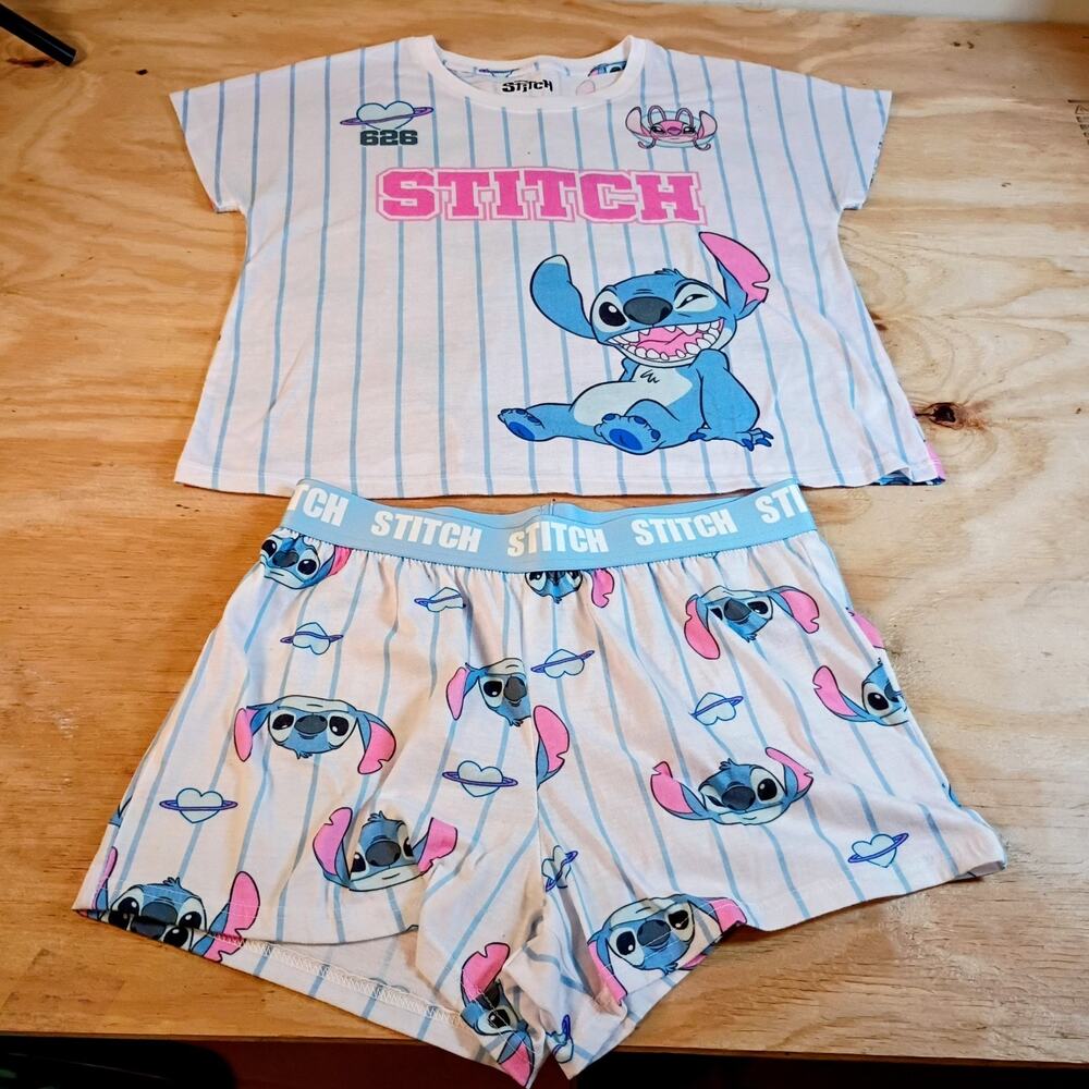 Disney Girls Stitch 2-Piece Pajama Set XL 14/16 Crop Top Lounge Sleepwear Shorts